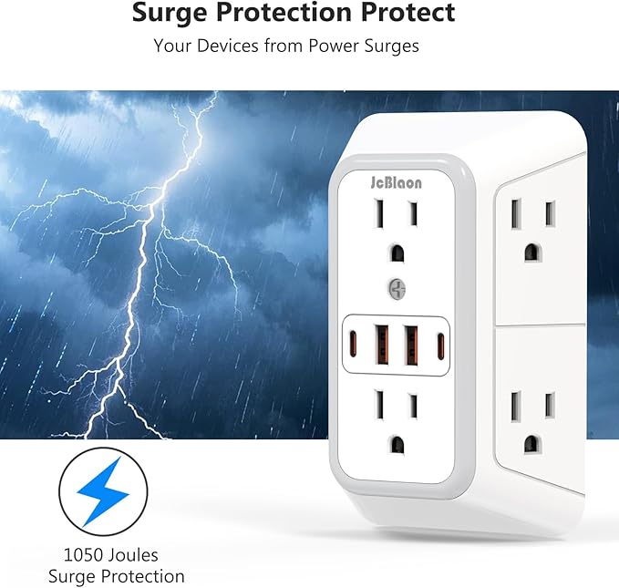 USB Wall Charger Power Strip Surge Protector with 4 USB Ports (2 USB C) Plug Extension Multiple Outlets Plug Extension Multi Outlet Plug in Adapter Spaced Outlets for Home Office Travel,White (White)