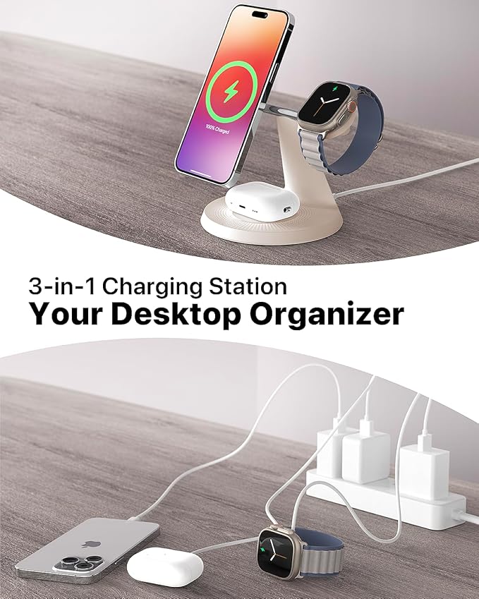 3 in 1 Wireless Charging Station for Apple Device: Fast Charging Station for iPhone and Watch with MagSafe, Stable Charger Stand for iPhone 12-16 & iWatch & AirPods