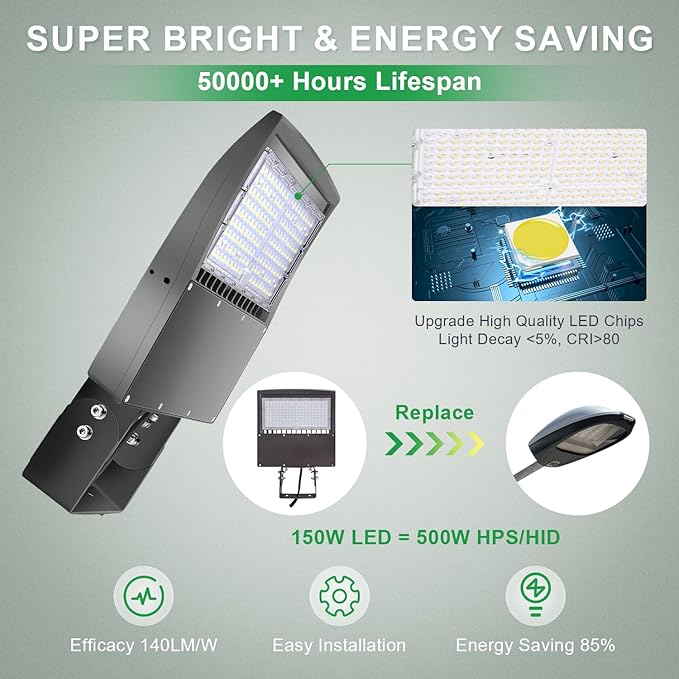 480V 150W LED Parking Lot Light, 5000K 21000LM LED Shoebox Area Light (500W HID/HPS Equiv.) with Yoke Mount, Dimmable Commercial Street Lighting with 20KV Surge Protection, UL DLC Listed