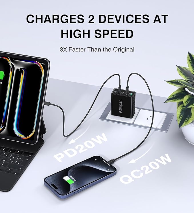 [2-Pack] USB C Wall Charger, 50W Type C Charger Block 5-Port Fast Charging Blocks,3USB C+2USB A Multiport Plug,PD Power Adapter Brick Cube for iPhone 16/15/14/13/12/Pro,iPad,Samsung,for Switch（Black）