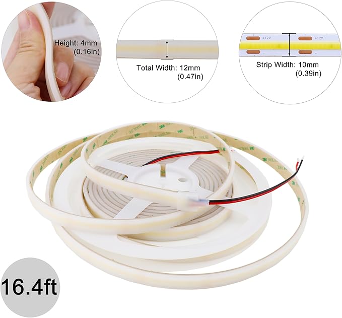 COB White LED Strip Lights 6000K 528LEDs/M 10mm DC24V Silicone Tube LED Light Outdoor Waterproof IP67 Linear LED Tape Lights 16.4ft for Garden, Backyard, Wheel Lights