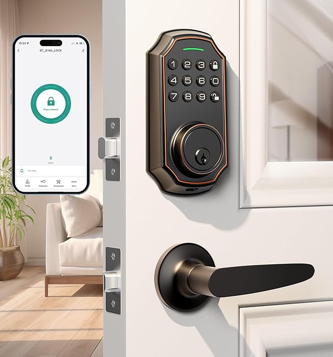 Keyless Entry Door Lock with 2 Handle Set - Bluetooth Electronic Keypad & App Control - Smart Front Door Auto-Lock with Anti-Peeping Passcode