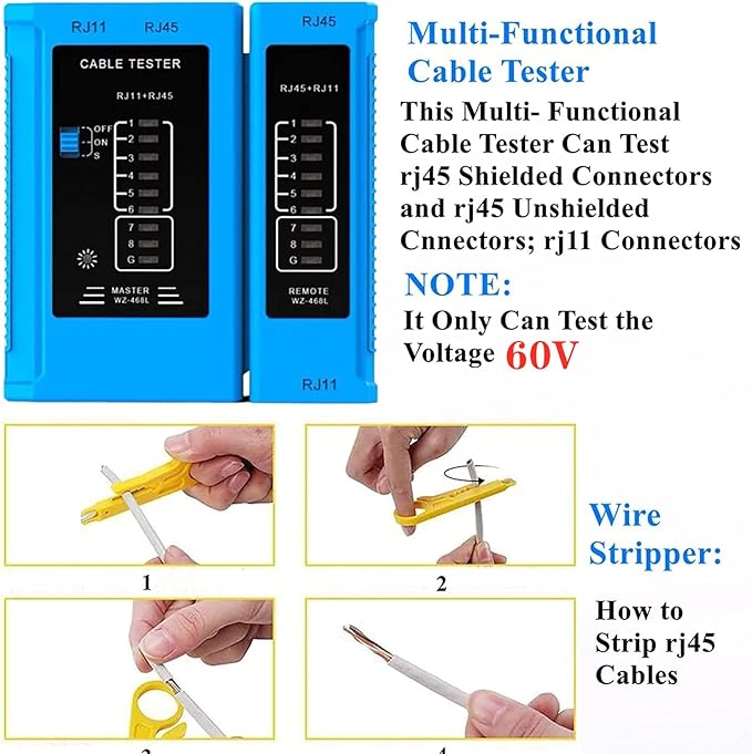 rj45 Crimping Tool for Cat6 Cat5e Cat5, Sturdy Crimper for rj45 rj12/11 Pass-Through Connectors with 50pcs rj45 Cat5e Pass-Through Connectors, 50pcs Covers, Wire Stripper; Network Cable Tester