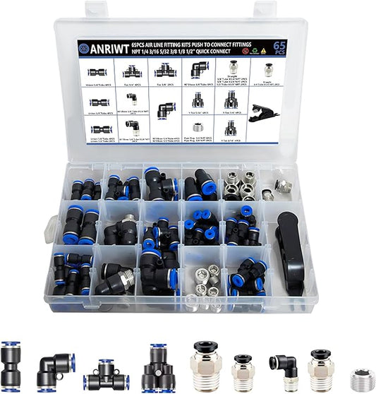 65 Pcs Quick Connect Air Hose Fittings Kit - 1/8" to 1/2" NPT Thread Push To Connect Fittings
