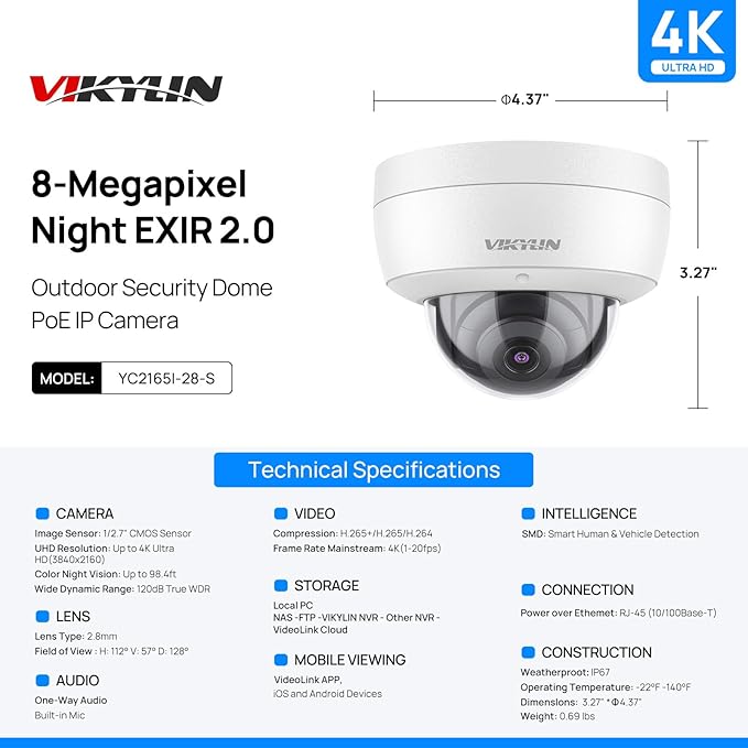 VIKYLIN 4K 8MP PoE IP Dome Camera Outdoor/Indoor,4K PoE Vandal Dome Security Camera with Human Vehicle Detection,2.8mm Lens,98ft Night Vision,Built-in Mic,IK10/IP67,Blue Iris,NDAA Compliant (Not PTZ)