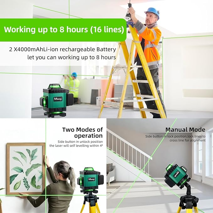 Laser Level, Miwosi 360 Self Leveling, 16-Line 4D Green Beam Cross Line, 4x360° Lazer Leveler Tool for Floor Tile, Construction Project Renovation & Picture Hanging