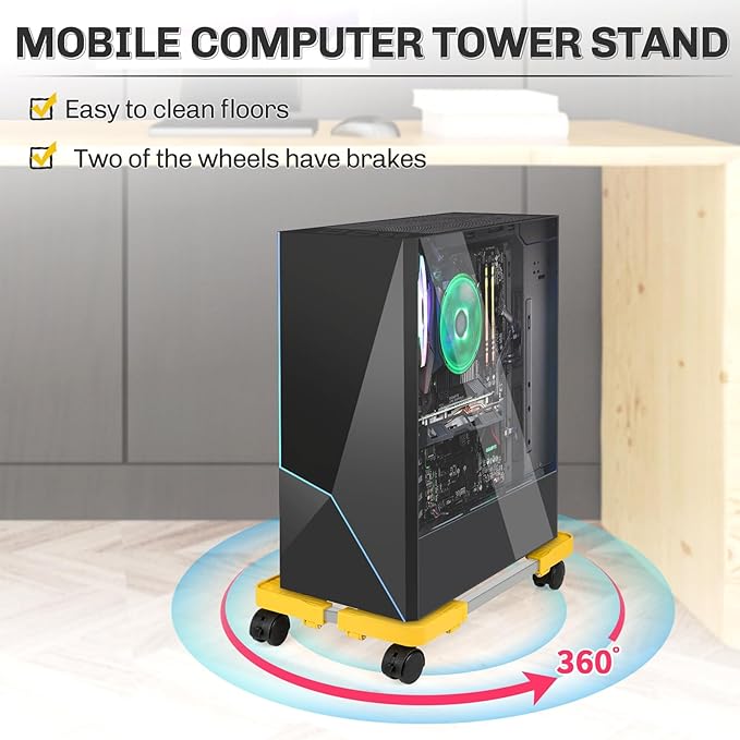 Liitrton Mobile CPU Stand, Adjustable Computer Tower Stand with 4 Locking Casters,Ventilated PC Stand for Floor with Multiple Colors, Fits Most PC Tower Under Desk Stand for Office Gamers (Yellow)