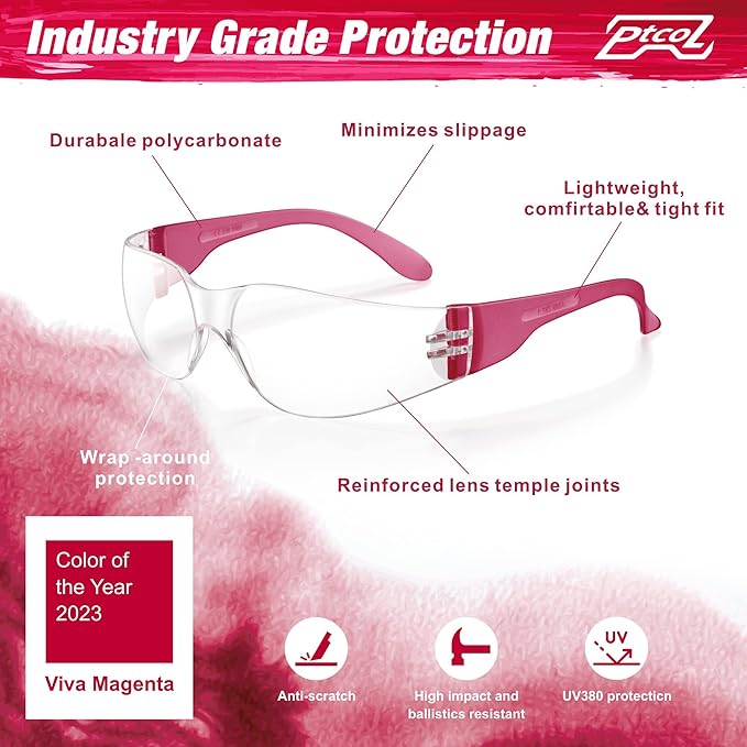 28 Pack Safety Glasses Viva Magenta (Bulk Pack of 24+4) Unisex Clear Anti-Scratch Protective Goggles Impact Resistant Lens Eyewear with ANSI Z87.1 Certified for Construction, Shooting and Laboratory
