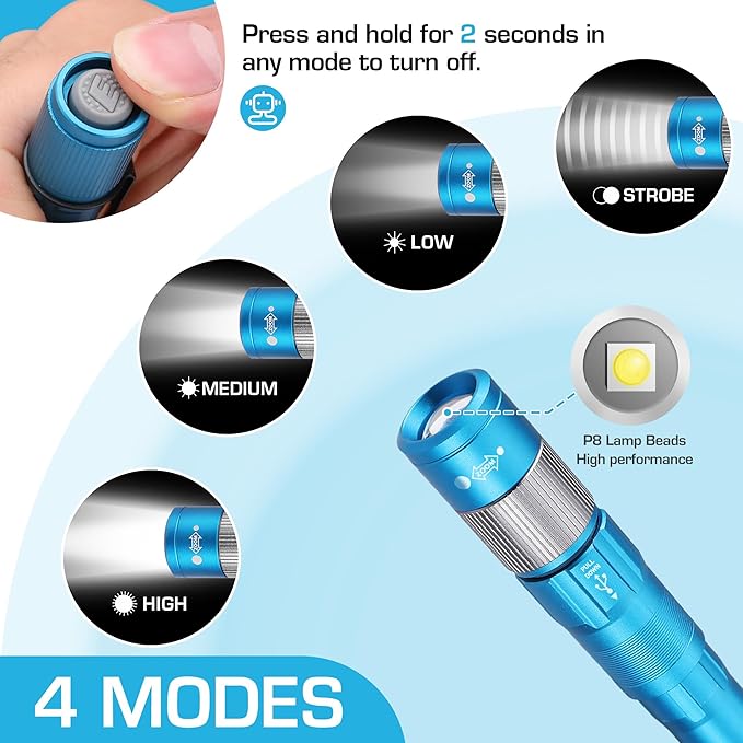 EverBrite Pen Light, Rechargeable Pen Flashlights, 300 Lumens Zoomable LED Small Flashlight with Clip, Memory Function, USB-C Cable Included, Pocket Size for Camping, Emergency, Mechanic, Blue