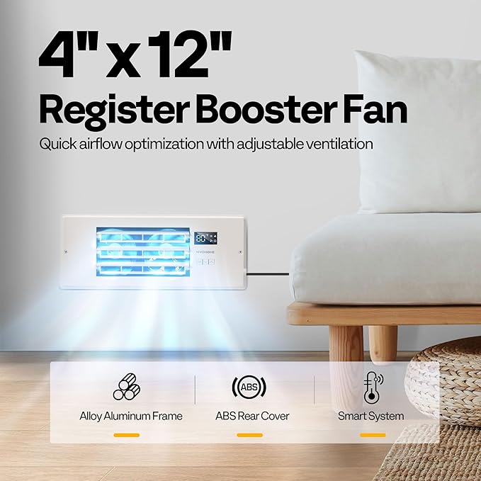 VIVOHOME 4'' x 12'' Opening Register Booster Fan with Adjustable Wind Direction Louver, Smart Intelligent Thermostat & 10-Speed Remote Control - 13.8" x 5.5" Vent Cover for Room, Floor, Wall - White
