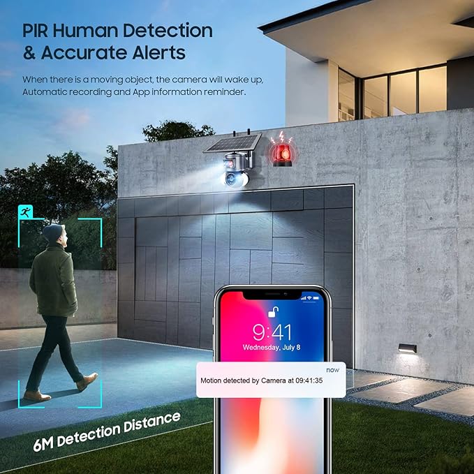 Solar Security Cameras Wireless Outdoor,Remote 2K WiFi 360° View Wireless Solar Powered Cameras for Home, PIR Motion Sensor Floodlight with Siren Color Night Vision