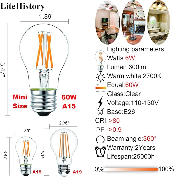 LiteHistory Dimmable E26 led Bulb 6W Equal 60 watt Vintage LED Edison Bulb AC120V 2700K A15 LED Bulb for Ceiling Fan Light Bulbs,Appliance Bulb and Refrigerator Light Bulb 600LM Clear Medium 6Pack