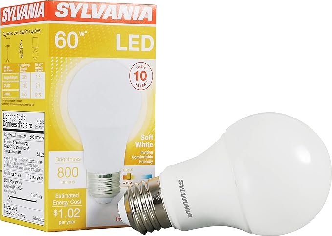 SYLVANIA LED Light Bulb, 60W Equivalent A19, Efficient 8.5W, Medium Base, Frosted Finish, 800 Lumens, Soft White - 1 Pack (73885)