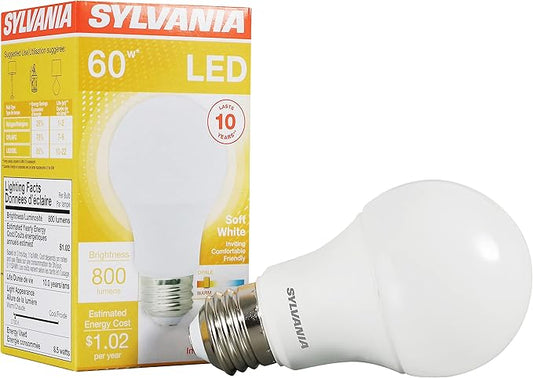 SYLVANIA LED Light Bulb, 60W Equivalent A19, Efficient 8.5W, Medium Base, Frosted Finish, 800 Lumens, Soft White - 1 Pack (73885)