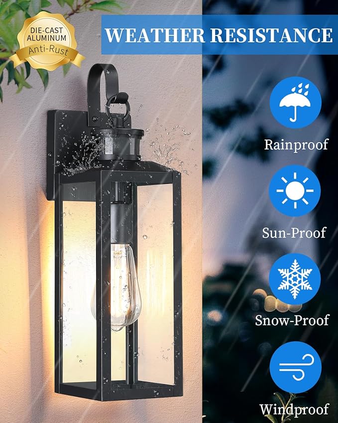 17'' Motion Sensor Outdoor Lights Wall Mount, Dusk to Dawn Exterior Light Fixture, Waterproof Anti-Rust Porch Light Outside Wall Lights for House, Black Wall Sconce Lanterns with Clear Glass, 2 Pack