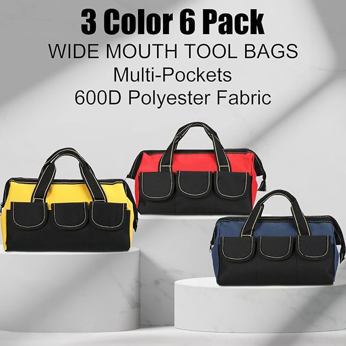 Silkfly 6 Pcs Tool Bag for Men Women Heavy Duty Tool Tote with Waterproof Hard Bottom Multi Pockets Large Mouth Organizer for Various Worker Electrician Carpenter Mechanic(13 Inch,Blue Red Yellow)