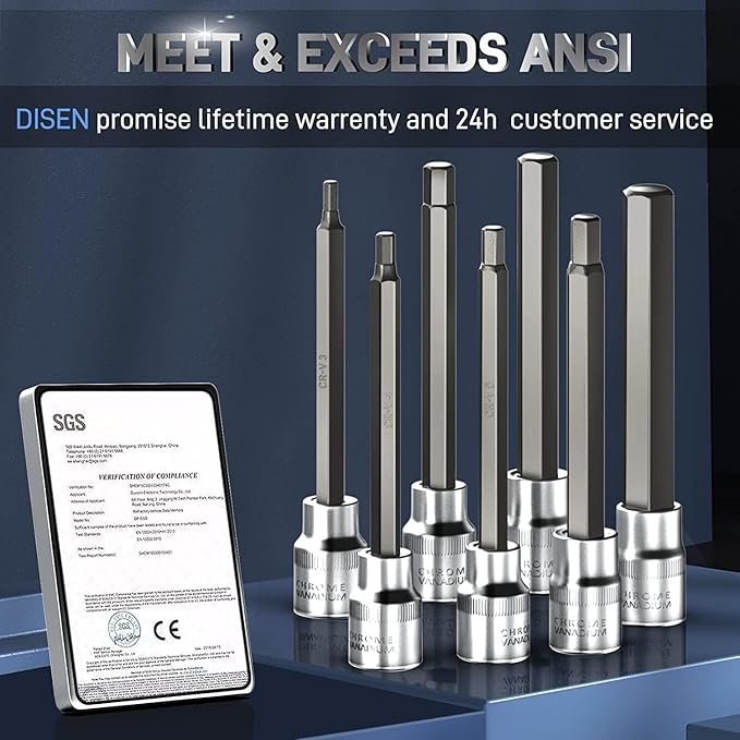 7 Pieces 3/8" Drive Extra Long Allen Wrench Hex Bit Socket Set with Portable Storage Case, Hex Head Metric 3-10mm, Chrome Vanadium Steel & S2 Alloy Steel