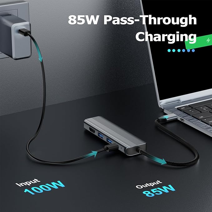 USB C Hub Ethernet HDMI Multiport Adapter for MacBook Pro/Air, iPad, Laptop Dock with 5Gbps USB A/C, 1Gbps RJ45 Gigabit Ethernet, 4K 30Hz HDMI, 100W Pass Through Charging