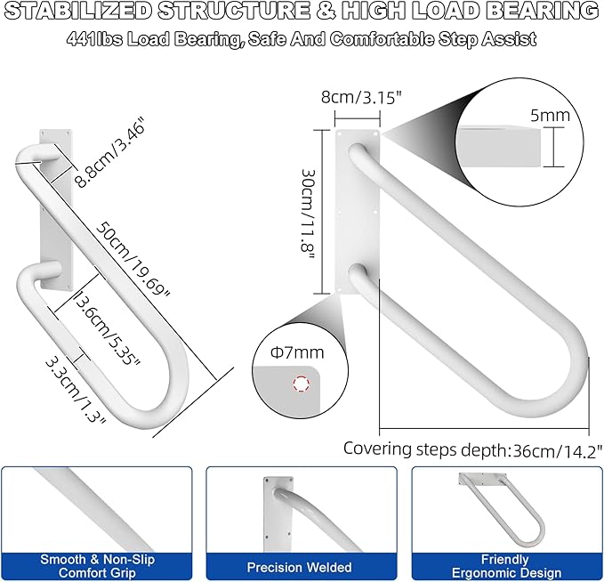 Jamb Mount Handrails for Outdoor Steps-1-2 Step Waterproof Stairs Railing-Powder Coated Side Mount Hand Rails for Indoor Stairs-Non-Slip Staircase Grab Rail for Deck/Porch/Mobile Home/Short Stairway