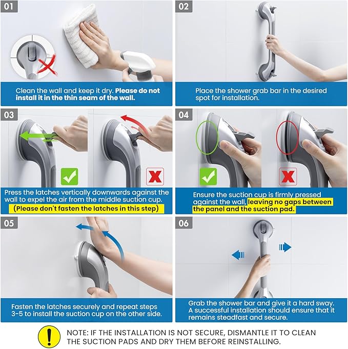 LEVERLOC Grab Bars for Bathtubs and Showers, Shower Handle 17 Inch Strong Suction Bath Handrails, Safety Grip for Bathroom Chair, Bathroom Grab Bar for Senior No Drilling Waterproof,Silver