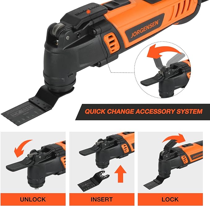 JORGENSEN Oscillating Tool 5°Oscillation Angle, 4 Amp Oscillating Multi Tools Saw, 7 Variable Speed with 16-piece Electric Multitool Blades & Carrying Bag - 70800