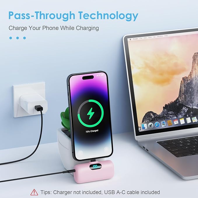 [2 Pack] Small Portable Charger for iPhone,Upgraded 5000mAh PD Fast Charging Power Bank, LCD Display Cute Mini Battery Pack Compatible with iPhone 14/14 Pro Max/13/13 Pro/12 Pro/11/XR/X/8,Blue+Pink