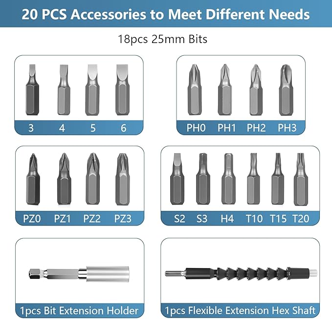 Electric Cordless Screwdriver, 3.6V Rechargeable Power Screwdriver, 5N.m Max Torque, 4-Gear Torque, LED Light, 20 Pcs, Ideal for Daily & Light Industrial Use