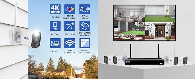 GW Security 8 Channel 4K WiFi Security Camera System, 8ch 4K NVR with 4 x 8MP WiFi Wireless Bullet Two-Way Audio Security Cameras, Spotlight Color Night Vision, Outdoor Indoor Surveillance