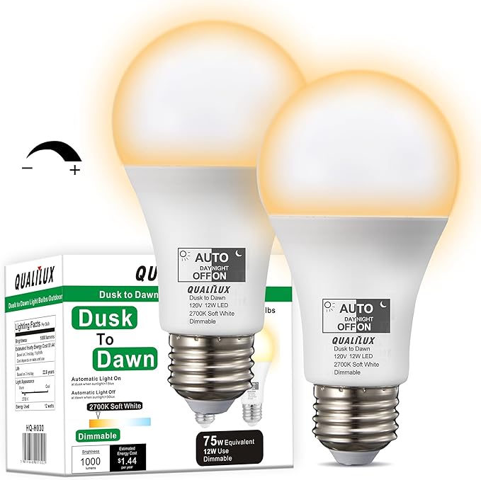 Dimmable Dusk to Dawn Light Bulbs Outdoor, Automatic Light Sensing Bulb, 1000LM, 75W Equivalent, Soft White 2700K, LED 12W, A19 E26 Base, 2-Pack, HQ-H030