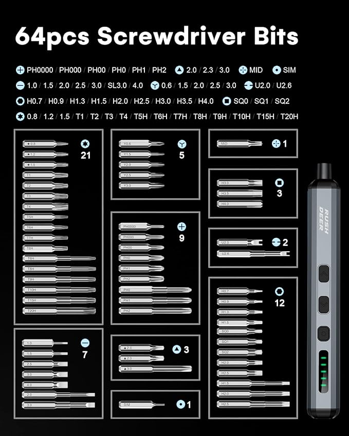 Rush Deer 70-in-1 Electric Screwdriver Set - Rechargeable Mini Precision Power Screwdriver with 64 Magnetic Bits, 5 Torque Settings, For Phone, Laptop, Camera - Cordless and Portable