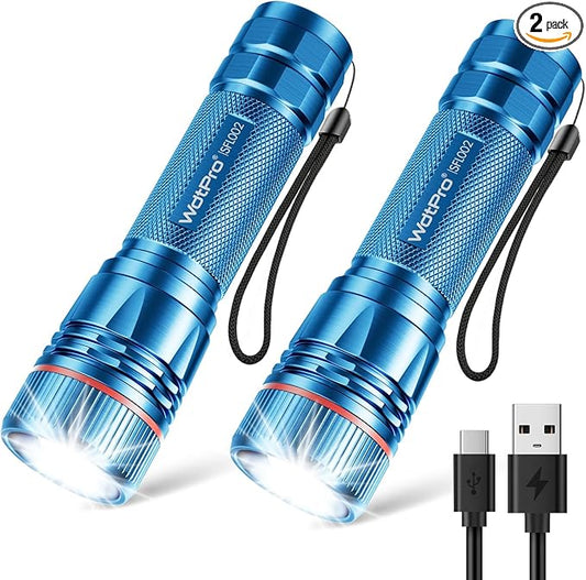 WdtPro Rechargeable Flashlights High Lumens, 2 Pack Super Bright LED Small Tactical EDC Flashlight with 10H Runtime, Portable Flash light for Camping, Home, Emergency Essentials Blue(Battery Included)