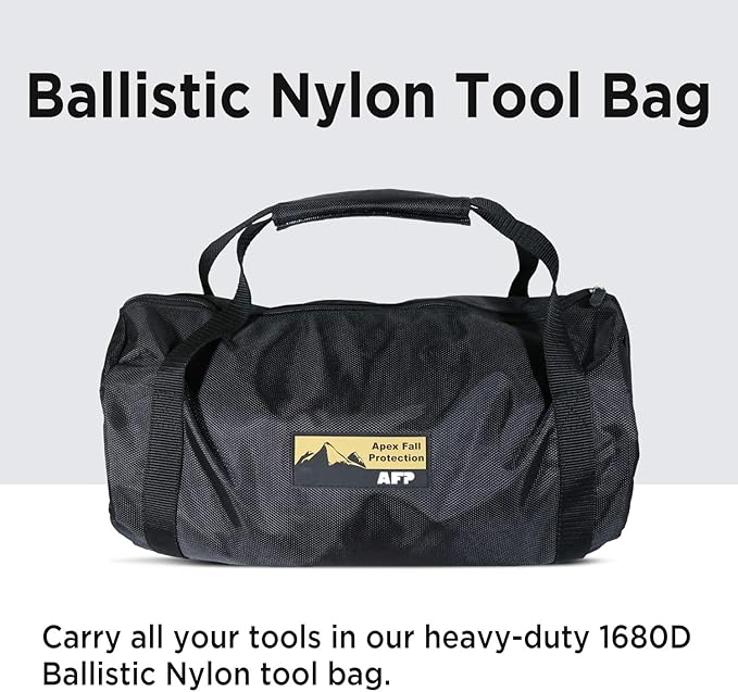 AFP 50FT Fall Protection Roofer Kit Braided Vertical Lifeline w/Rope Grab, 1 D-Ring Safety Harness, Hinged Anchor, Ballistic Nylon Tool Bag, Free Tool Lanyard | OSHA & ANSI Rated