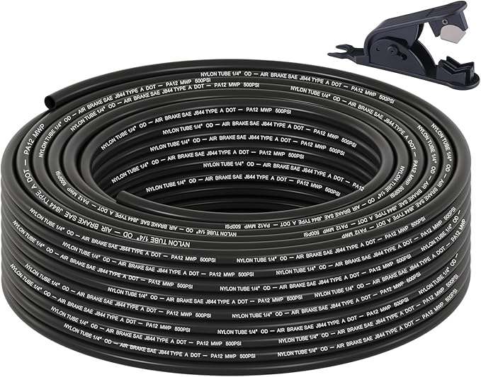 100FT 1/4 DOT Air Line SAE J844 PA12 Nylon Air Hose with Cutter 1/4” OD Pneumatic Tubing DOT Approved 1/4 Air Brake Hose for Air Suspension Kit Truck Trailer Brake System & Fluid Transfer 30.5m