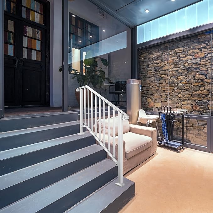 Adjustable Handrails for Outdoor Steps, Handrail Picket #3 Fits 3 or 4 Steps, Mattle Wrought Iron Handrail, Stair Rail with Installation Kit for Outdoor Steps,White