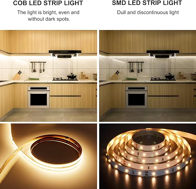COB LED Strip Light Warm White 24.6FT, High Bright LED Strips with 2400LEDs, RF Remote and UL Power Supply, 3000K Dimmable LED Lights for Bedroom, Kitchen, DIY Home Decoration