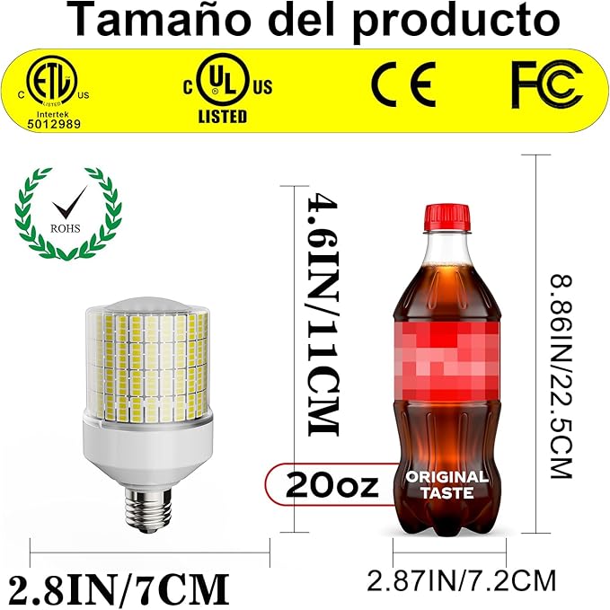 70W 10500LM Corn Bulbs (1-Set) - 90% Energy Saving, IP65 Waterproof, E26/E39, 5000K Daylight, High Bay, ETL/FCC/ROHS/CE Certified, Not Dimmable