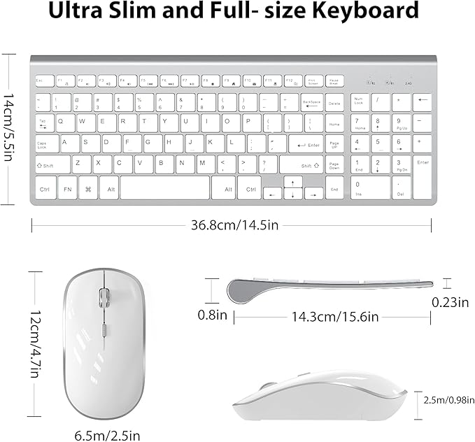 J JOYACCESS Wireless Keyboard and Mouse, Slim Wireless Keyboard Mouse with Numeric Keypad Compatible with iMac Mac PC Laptop Tablet Computer Windows (Silver White)