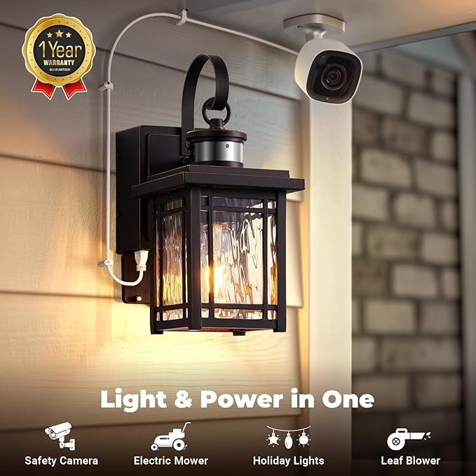 Porch Light with GFCI Outlet, Motion Sensor Outdoor Wall Light Wall Mount, Oil Rubbed Bronze Exterior Lighting Fixtures, Outdoor Sconce Light Wall Lantern, Exterior Garage Lights for Coach