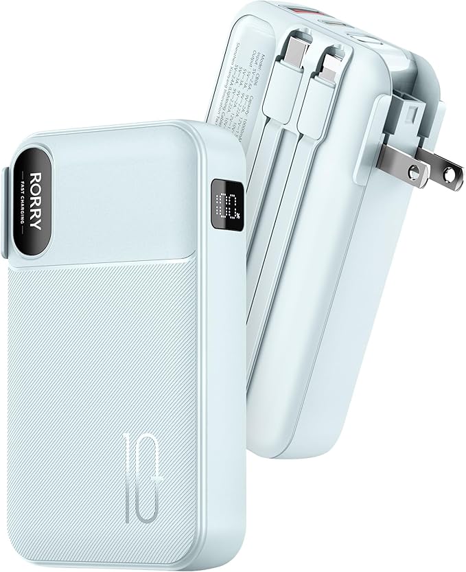 RORRY Portable Charger Built in Cables, AC Wall Plug in Portable Charger Power Bank 10000mAh Travel Battery Pack 22.5W Fast Charging for iPhone 16/15/14 Samsung Galaxy S24/S23/S22 Pixel LG iPad, Blue