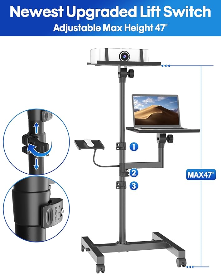 Projector and Laptop Stand Tripod, 2 Shelves Mobile Laptop Tripod Stand, Max 47" Height Adjustable Laptop Cart on Wheels, Projector Floor Stand with Ventilated Tray for Podium, Meeting, Couch