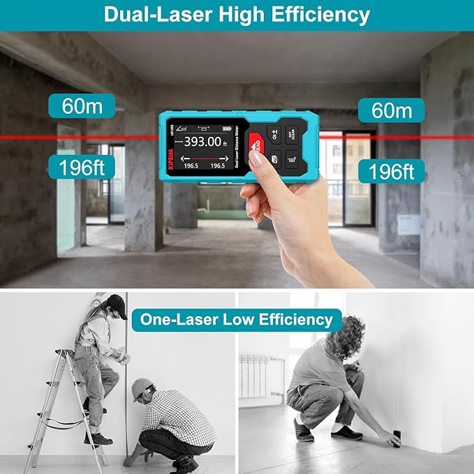 Kiprim 393ft Dual Laser Distance Measuring Tool LD120S, 120m Total Range, Electronic Level, Precise Measurements, and Pythagorean Function - Ideal for Construction, DIY, and Home Renovation