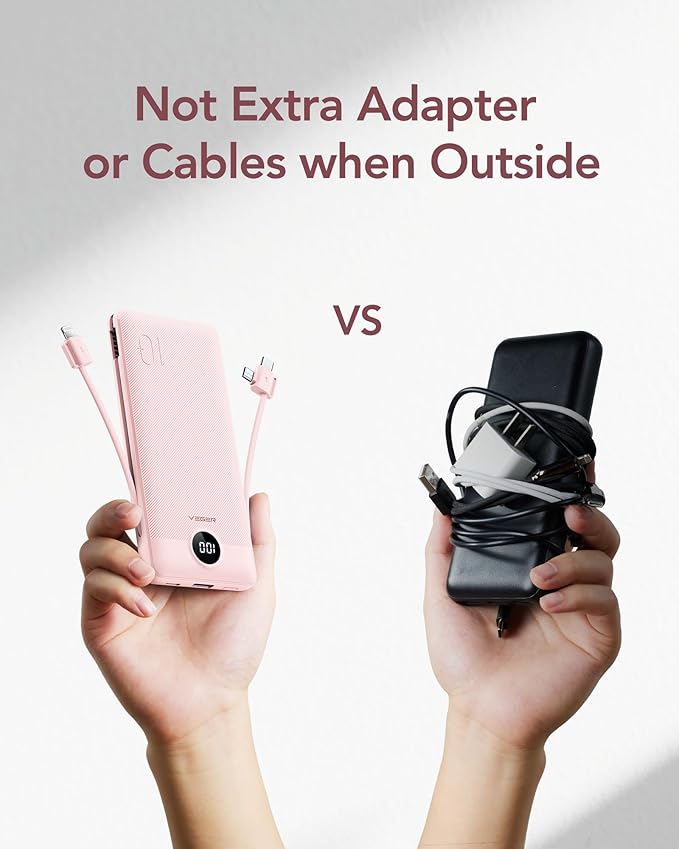 VEGER Portable Charger for iPhone with Built in Cables and Wall Plug, 10000mah Slim Fast Charging USB C Power Bank, Travel Essential Battery Pack Compatible with iPhone, iPad, Samsung etc(Crepe)