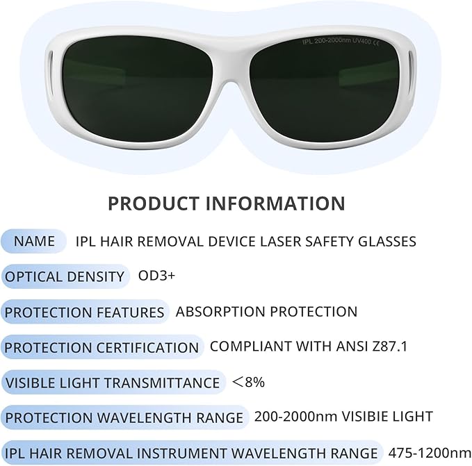 IPL Laser Safety Glasses ANSI Z87.1 Certified - 200-2000nm Protective Goggles for Laser Hair Removal, Cosmetology & Medical Aesthetics - UV400 Protection, Lightweight Frame (White)