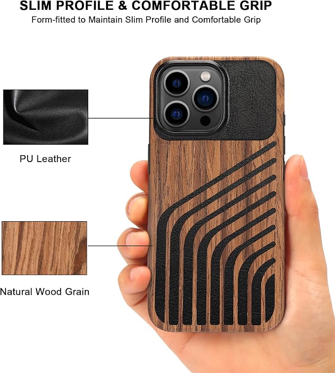 TENDLIN Compatible with iPhone 15 Pro Case Wood Grain with Carbon Fiber Texture Design Leather Hybrid Slim Case (Hairline)