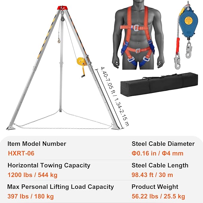 VEVOR Confined Space Tripod Kit w/1200 lbs Winch, Confined Space Tripod 7' Legs and 98' Cable, Confined Space Rescue Tripod 33 Fall Protection, Harness, Storage Bag for Traditional Confined Spaces