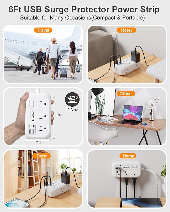 4 USB(2 USB C) Surge Protector Power Strip with Switch- 6 Ft Flat Braided Extension Cord with 6 Widely Outlets, Flat Plug Wall Mount Desk USB Charging Station for Home Office Dorm Room Travel 1625W