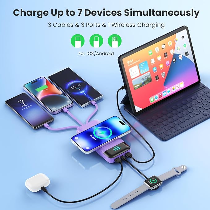 Wireless Portable Charger 40800mAh with 3 Built-in Cables,7-in-1 15W Wireless Charging Power Bank,25W PD QC 4.0 Fast Charging USB C LCD Display Battery Pack for iPhone 16/15/13,Samsung,Android-Purple