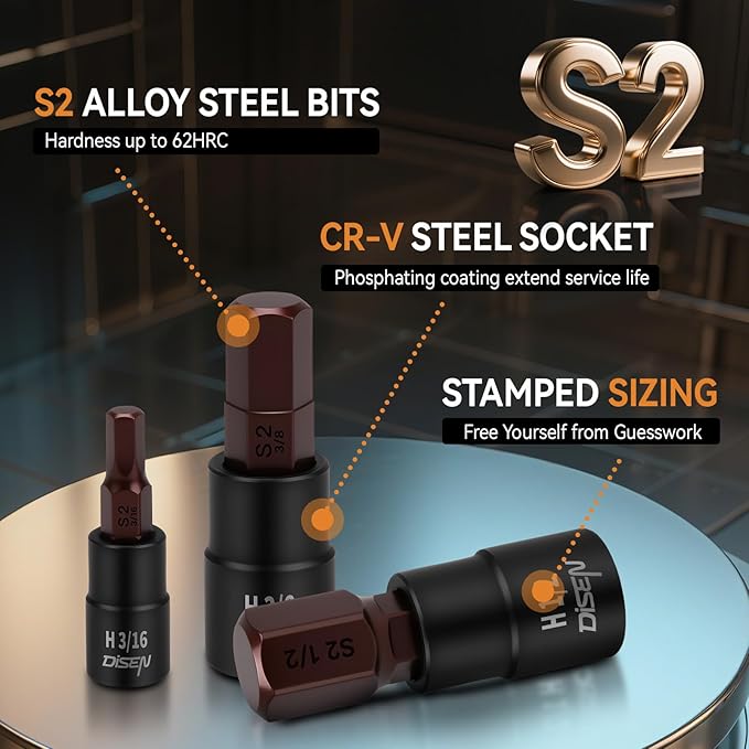 DISEN 32-Piece HEX Bit Socket Set, SAE & Metric Allen Wrench Socket Set with Enhanced Storage Case, Premium Heat Treated Chrome Vanadium Steel & S2 Alloy Steel