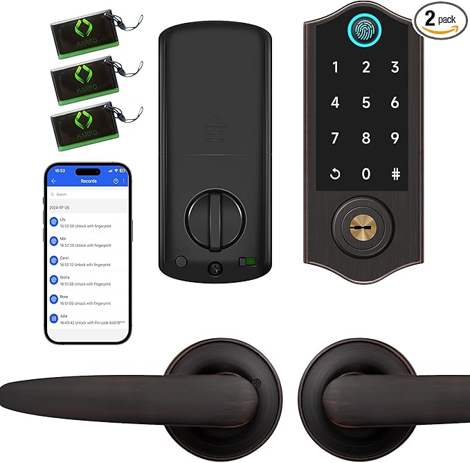 Harfo Smart Fingerprint Door Lock, Keyless Entry Deadbolt, Full App Control Biometric Lock, Electronic Digital Touchscreen Keypad, Auto Lock, Easy Install, Aged Bronze