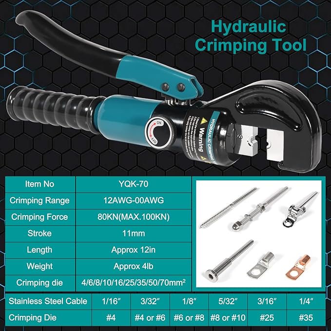 Hydraulic Crimping Tool, Hydraulic Crimper 10 Tons for 12-2/0 AWG Cable, Battery Lugs, Wire Lugs, Battery Cable Crimper Tool with 9 Pairs of Dies, 1/8” Wire Rope Crimping Tool